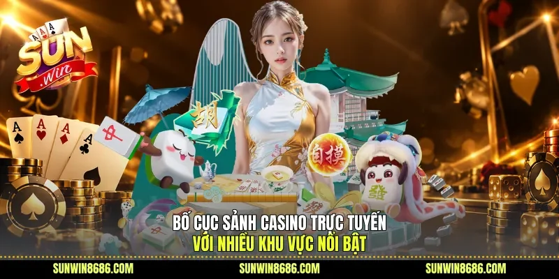 Bố cục sảnh casino trực tuyến với nhiều khu vực nổi bật 